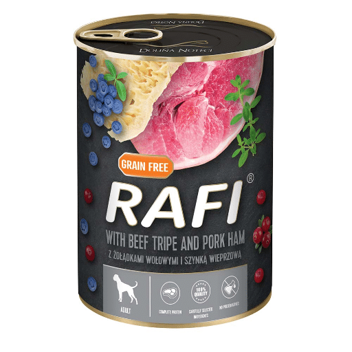 D78007.jpg RAFI DOG PATÉ WITH HAM, BEEF TRIPES, BLUEBERRY AND CRANBERRY 400GR - Image 1