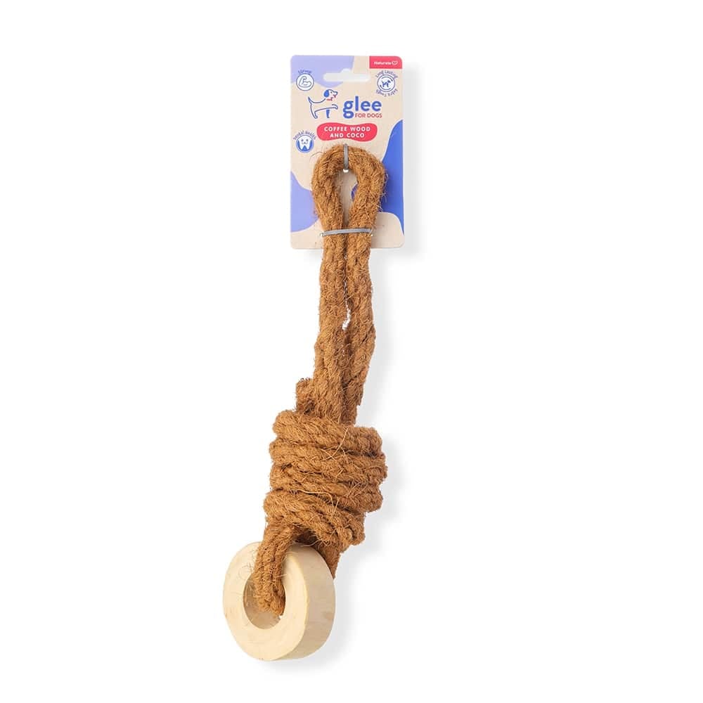 91193.jpg GLEE DOG TOY COFFEE WOOD TYRE WITH COCO ROPE CHEW 38cm - Image 1