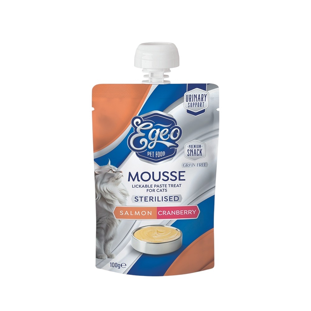 EG502.jpg EGEO CAT MOUSSE STERILIZED SALMON, BEEF CRANBERRY 12X100gr - Image 1