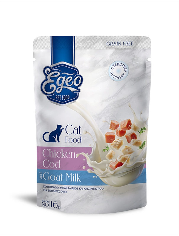 EG402-16P.jpg EGEO ADULT CAT WITH CHICKEN AND COD AND GOAT MILK POUCH 85GR X 12 - Image 1
