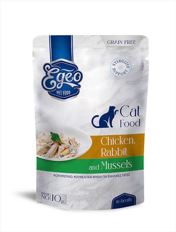 EG571-10P.jpg EGEO ADULT CAT WITH CHICKEN AND RABBIT AND MUSSELS IN BROTH POUCH 85GR X 12 - Image 1