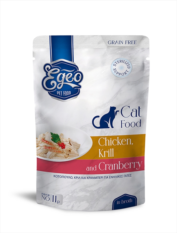 EG572-11P.jpg EGEO ADULT CAT WITH CHICKEN AND CRANBERRY AND KRILL IN BROTH POUCH 85GR X 12 - Image 1