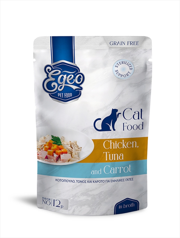EG573-12P.jpg EGEO ADULT CAT WITH CHICKEN AND TUNA AND CARROT IN BROTH POUCH 85GR X 12 - Image 1