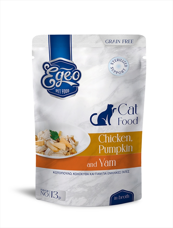 EG574-13P.jpg EGEO ADULT CAT WITH CHICKEN AND YAM AND PUMPKIN IN BROTH POUCH 85GR X 12 - Image 1