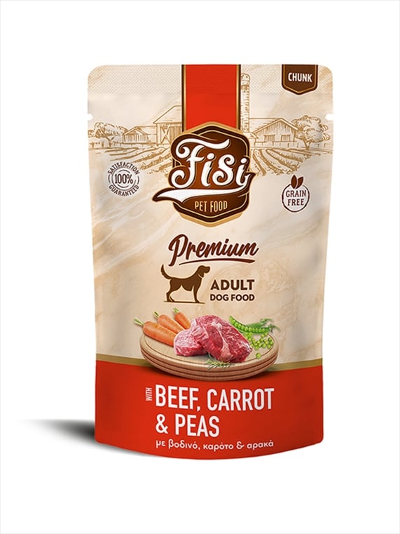 FS532.jpg FISI ADULT DOG BEEF, CARROT PEAS IN SAUCE POUCH 130grX12 - Image 1