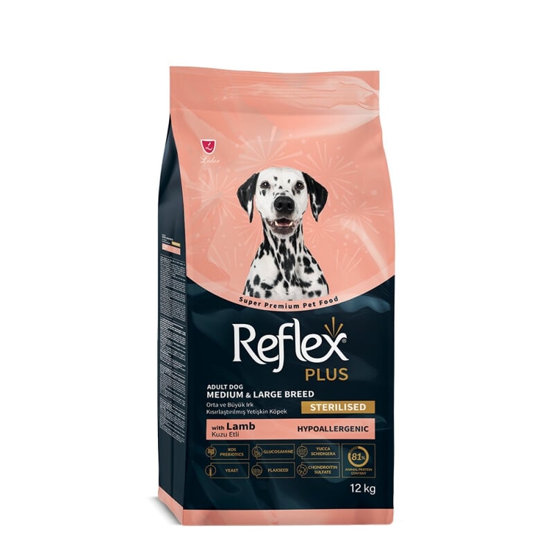 L10892.jpg REFLEX PLUS MEDIUM LARGE BREED LIGHT AND STERILISED DOG FOOD LAMB 12KG - Image 1
